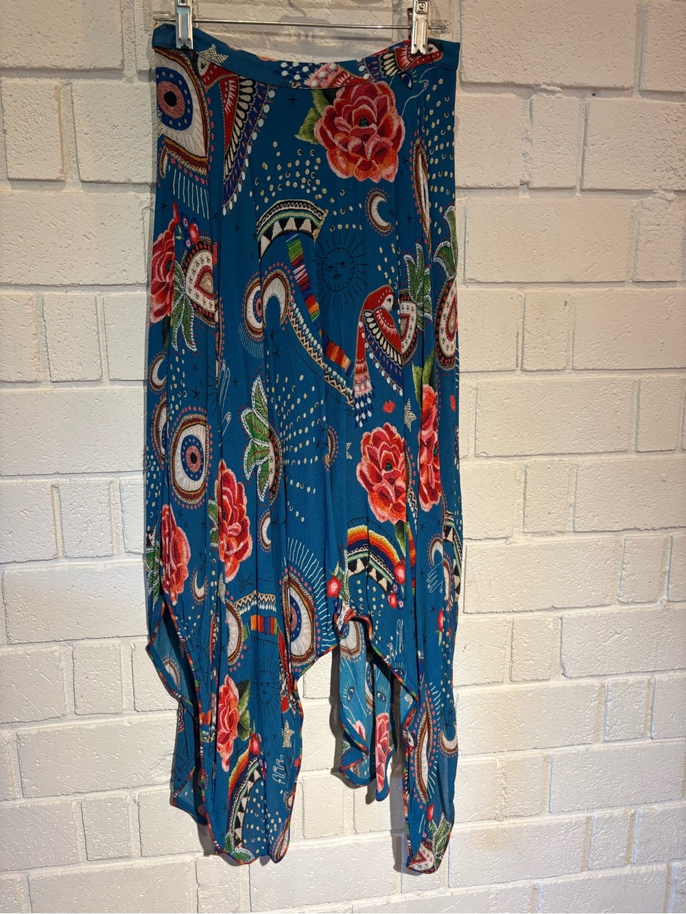FARM Rio Blue Midi Skirt with Red Floral & All Seeing Eye Prints